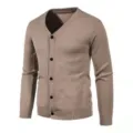 Men's Khaki Slim Fit V-Neck Cardigan Sweater with Button Closure Long Sleeve Casual Knitwear - Light Coffee