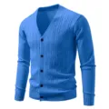 Men's blue V-neck knitted cardigan sweater with long sleeves and buttons for casual wear. - Blue