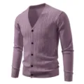 Men's casual V-neck knit cardigan with button-down front and stylish vertical cable texture. - Purple