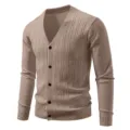 Men's Casual V-Neck Knit Cardigan Khaki Single-Breasted Long Sleeve Cable Knit Sweater - Light Coffee