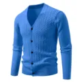 Men's blue V-neck cable knit cardigan sweater, classic single-breasted long sleeve casual daily knitwear. - Blue