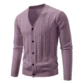 Men stylish V-neck knitted cardigan long sleeve slim fit lightweight button-down sweater - Purple