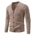 Men V-Neck Cable Knit Cardigan Sweater Khaki Long Sleeve Button-Up Casual Outerwear - Light Coffee