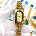 Gold rectangular quartz watch for women with metal strap, elegant design detail. - Gold Gold Face