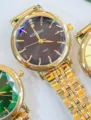 Women's gold quartz watch with faceted dial elegant metal strap casual timepiece fashion - Gold Black Dial