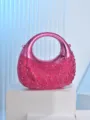 Pink rhinestone crescent acrylic bag detail, dazzling crystal evening clutch and mini handbag close-up. - Rose Red
