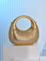 Gold metallic crescent evening bag with dazzling rhinestones, elegant party handbag. - Gold