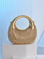 Stunning gold rhinestone evening bag featuring a unique crescent shape and sparkling crystals. - Gold