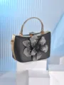 Elegant black rhinestone flower evening bag with gold handle and clutch design for women party. - Black