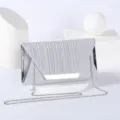 Silver glitter pleated evening clutch bag with metallic frame and chain strap for women. - Silver