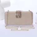 Detalle de bolso de noche con diamantes de imitación, cadena dorada elegante para fiesta. - Champán