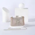 Sparkly gold evening clutch bag with crystal flower brooch and chain strap for women - Champagne