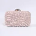 Elegant pearl rhinestone evening clutch bag with handmade bead embroidery and metallic clasp. - Champagne