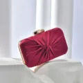 Elegant burgundy pleated satin evening clutch bag with gold hardware for parties and banquets. - Burgundy