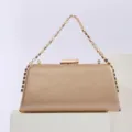 Elegant gold evening clutch bag with rhinestone chain strap, premium PU leather texture. - Gold