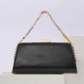 Black PU leather evening clutch bag with rhinestone chain handle and metal lock for women. - Black