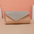 Elegant rhinestone evening clutch bag, nude PU leather envelope shoulder party purse. - Champagne