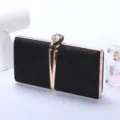 Black glitter evening clutch bag with gold metal frame and crystal clasp for women. - 22x4.5x14cm / Black