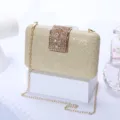 Elegant gold glitter evening clutch bag with sparkling rhinestone clasp and chain for party. - Gold