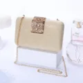 Sparkling gold evening clutch bag with rhinestone clasp and chain strap for party. - Champagne