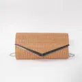 Detailed view of vintage woven envelope evening clutch bag with metallic V clasp and chain strap. - Camel