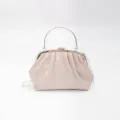 Elegant ruched patent leather clutch handbag with metal handle and detachable chain strap for women. - Off White