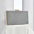 Silver glitter evening clutch bag featuring a gold metal frame, elegant wedding party purse. - Dark Gray