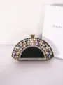 Elegant fan-shaped evening clutch bag with colorful rhinestones and metal clasp for women party. - Black