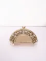 Detail view of the elegant fan-shaped rhinestone evening clutch bag with crystal embellishments. - Gold