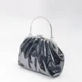Elegant black patent ruched clutch handbag with silver frame handle for women evening party. - Black
