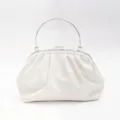 Exquisite white ruched evening clutch bag featuring a sleek silver metal round handle design. - White