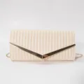 Detailed close-up view of the elegant woven clutch bag featuring metallic V-shape closure. - Ivory
