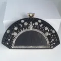 Pochette de soirée noire en strass forme d'éventail sac bandoulière de fête avec fermoir - Noir