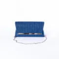 Blue glitter clutch bag detail, evening party bag with metallic bar and silver chain strap. - Blue
