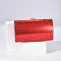 Red evening clutch bag for women with gold metal lock closure, elegant hard case design. - Red