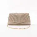 Nahaufnahme der eleganten glitzernden Plissee Abendtasche mit feiner goldener Kette. - Champagner