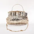 Gold pleated PU clutch bag with metal handle and chain strap for women evening party. - Champagne