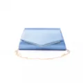 Close-up detail of the elegant light blue satin evening clutch bag with gold chain. - Blue