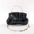 Black PU Leather Pleated Clutch Handbag with Gold Chain Strap Vintage Evening Bag for Women - Black