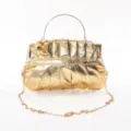 Gold metallic pleated PU clutch bag with metal top handle and chain strap for evening party. - Gold