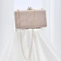 Elegant evening clutch detail showing sparkling champagne fabric, gold chain, and crystal clasp. - Rose Gold
