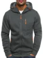 Close-up detail of men's dark grey zip-up hoodie featuring vibrant orange zippers and drawstrings. - S / Dark Gray