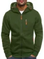 Detail view of the dark green textured fleece hooded sweatshirt with bright orange zip pulls. - S / Army Green