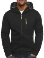 Men's casual fleece hooded zip-up sweatshirt with contrast neon zippers for sports fitness - S / Black