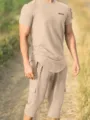 Set uomo maglietta manica corta e pantaloncini cargo estate traspirante vestito - Taglia S / Top e Pantaloni / Kaki