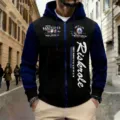 Men's stylish colorblock zip-up hoodie featuring contrast sleeves and graphic prints. - Navy Blue
