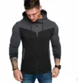 Detailed view of men's color-block zippered hoodie with drawstring hood and front pockets. - Dark Gray