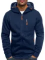 Men's athletic zip-up hooded sweatshirt with orange drawstrings, front detail view of sportswear. - Navy Blue