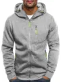 Men's casual zip-up hooded sweatshirt with contrast neon drawstrings and functional pockets. - S / Light Gray