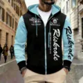 Men's colorblock zip-up hoodie with hood, drawstrings, and graphic prints for autumn. - Sky Blue